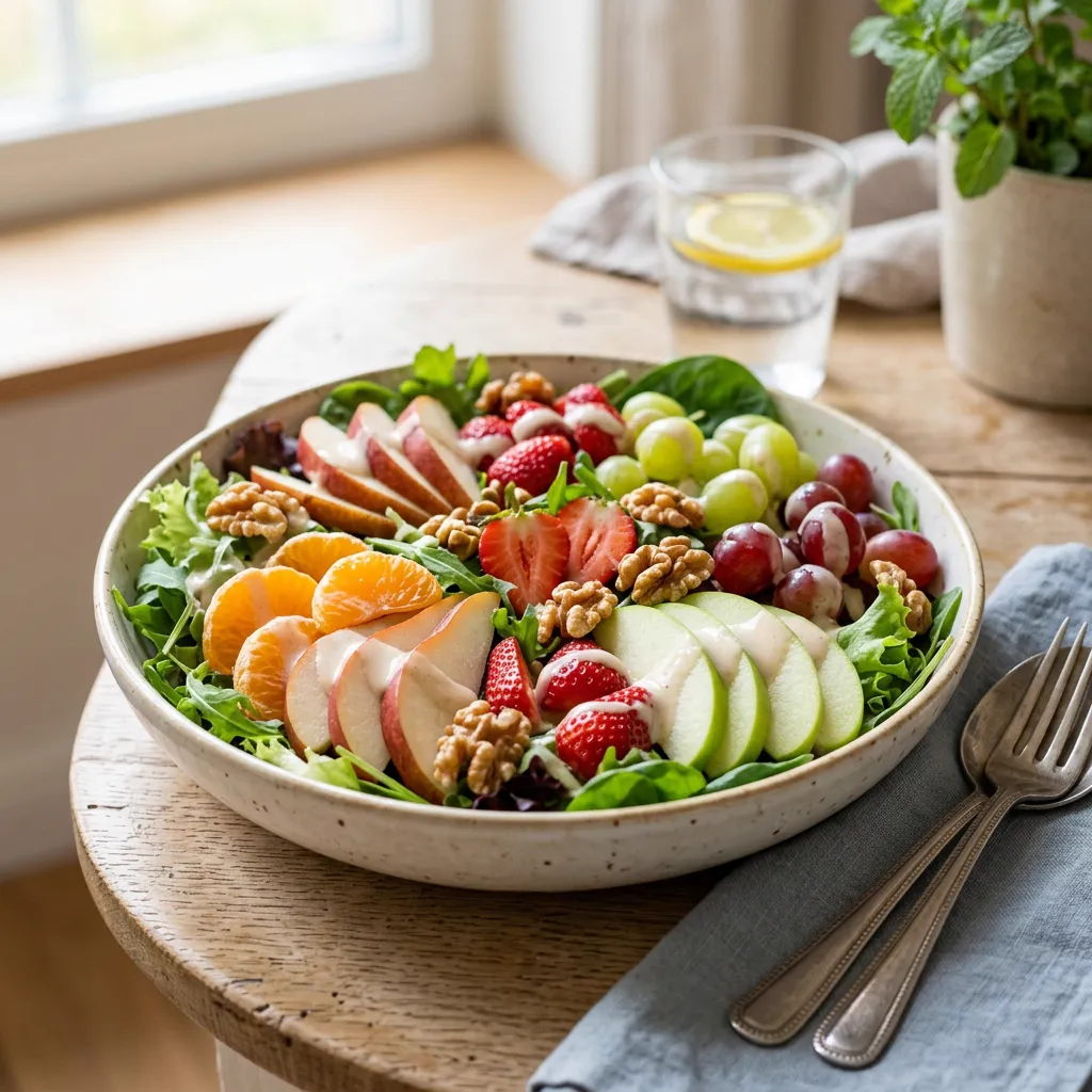 Ensalada vibrante con gajos de mandarina, manzana, fresas y uvas sobre lechuga