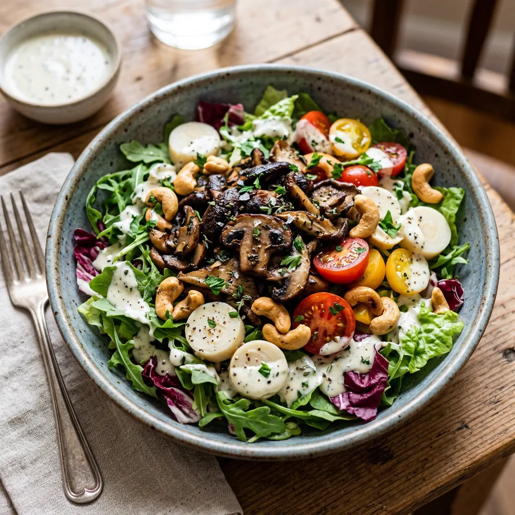 Ensalada con hongos salteados, semillas de marañón y tomate cherry
