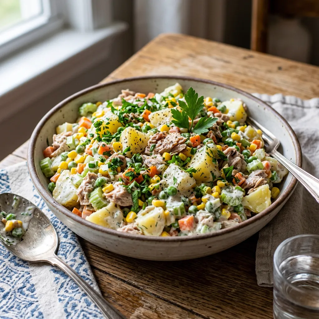 Ensalada de papa cremosa con atún, maíz y arvejas
