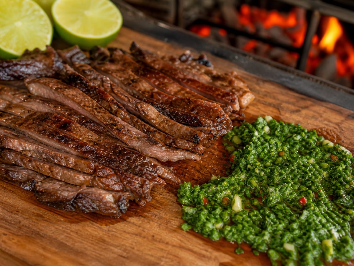 Entraña a la parrilla cortada en tiras con chimichurri fresco sobre una tabla de madera