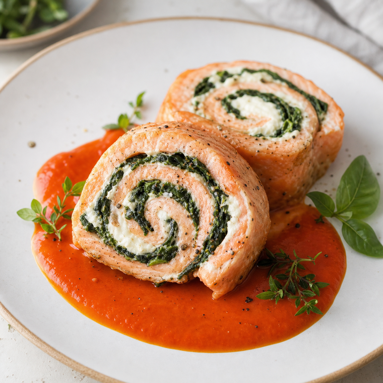 Espiral de salmón relleno con espinaca y queso crema
