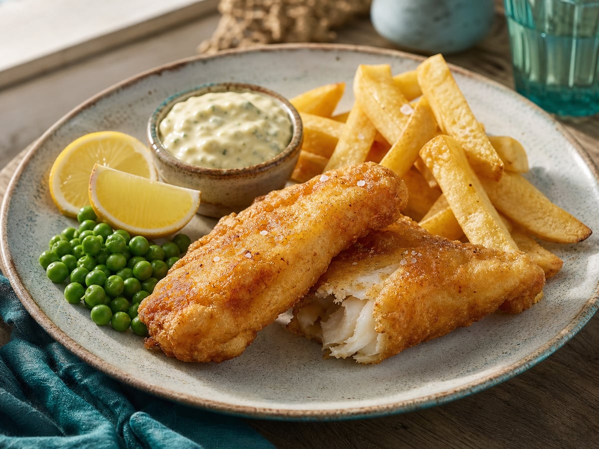 Fish and chips casero servido con papas y harina