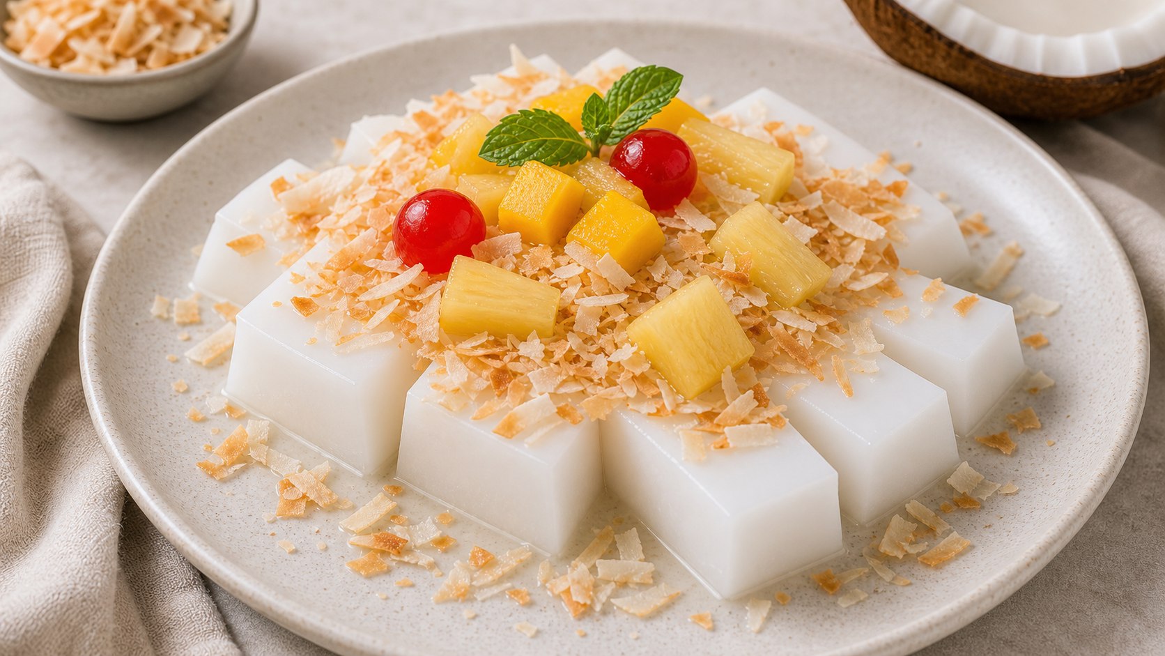 Copa con gelatina blanca y coco rallado encima