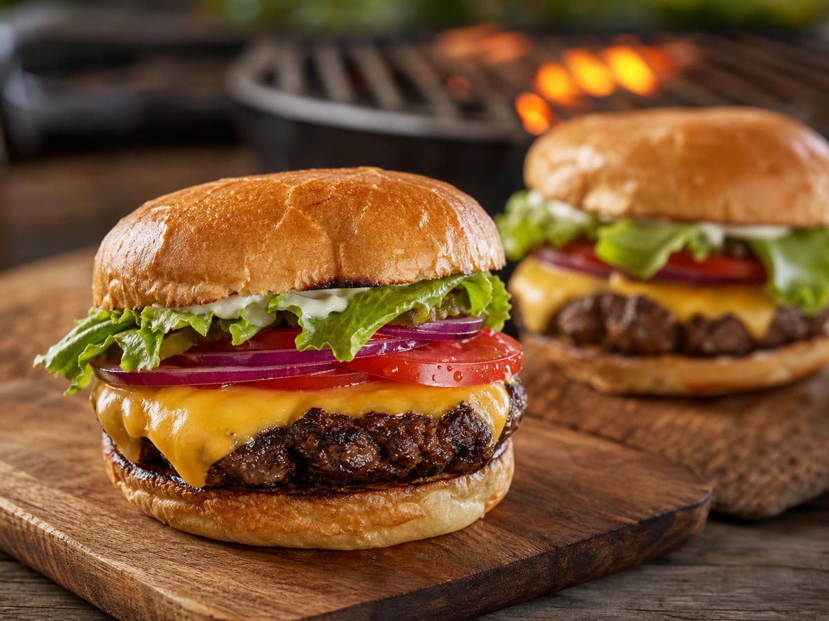 Hamburguesa artesanal con queso derretido, tomate y lechuga frente a una parrilla de carbón