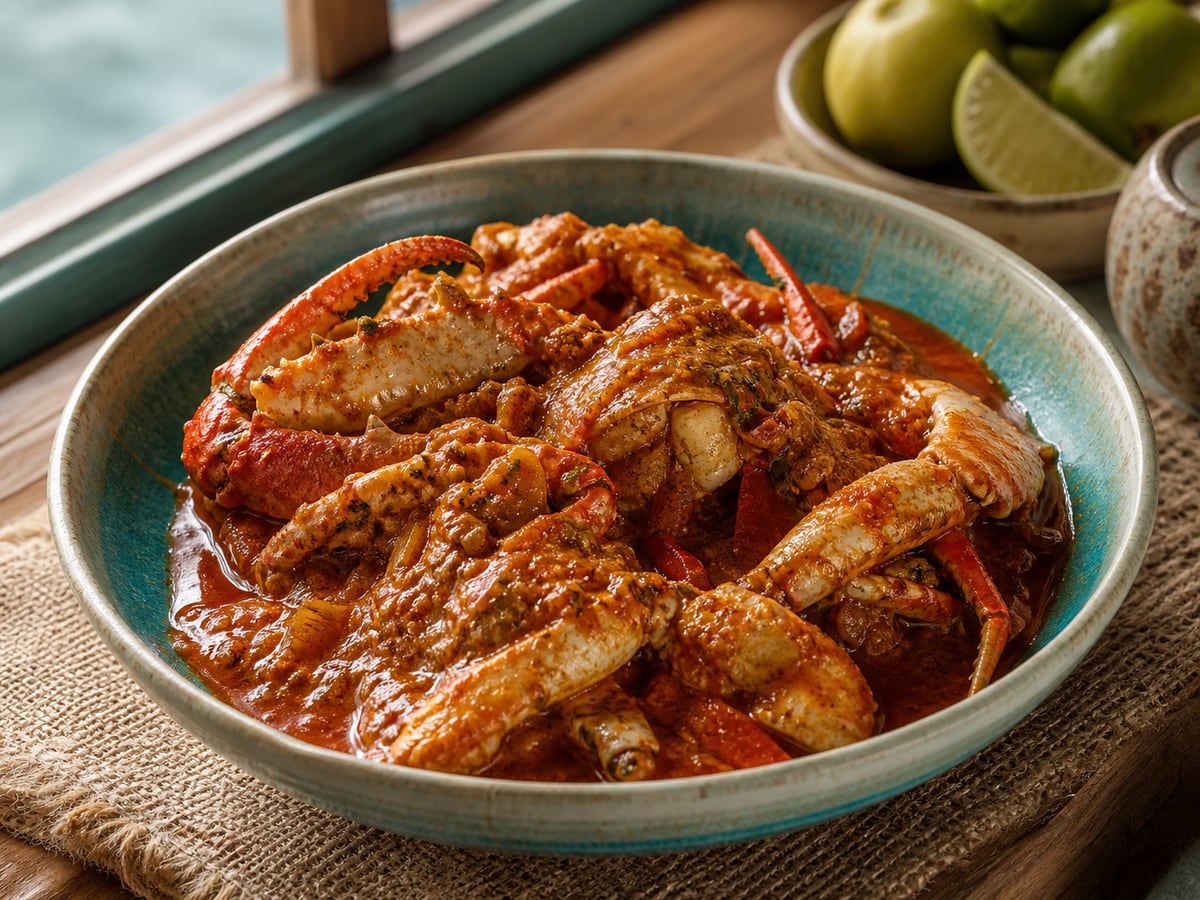 Jaibas guisadas servido con tomate y leche de coco