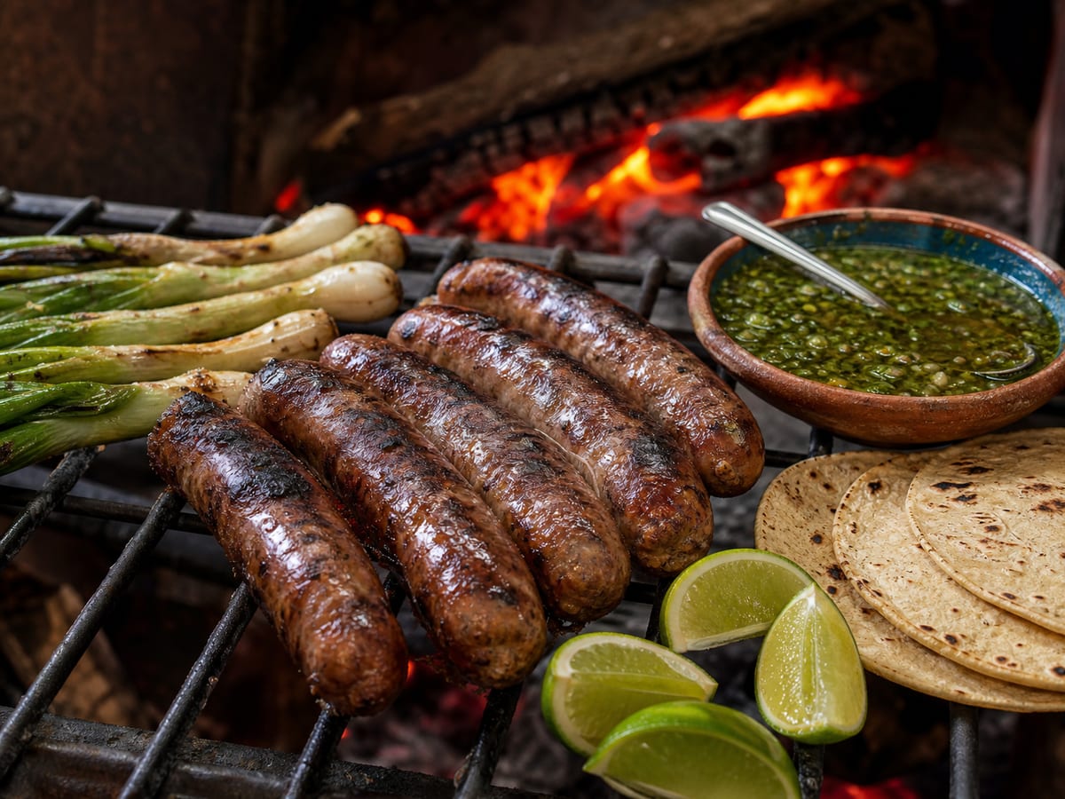 Longanizas chapinas asadas con cebollines, tortillas y limón junto a una parrilla
