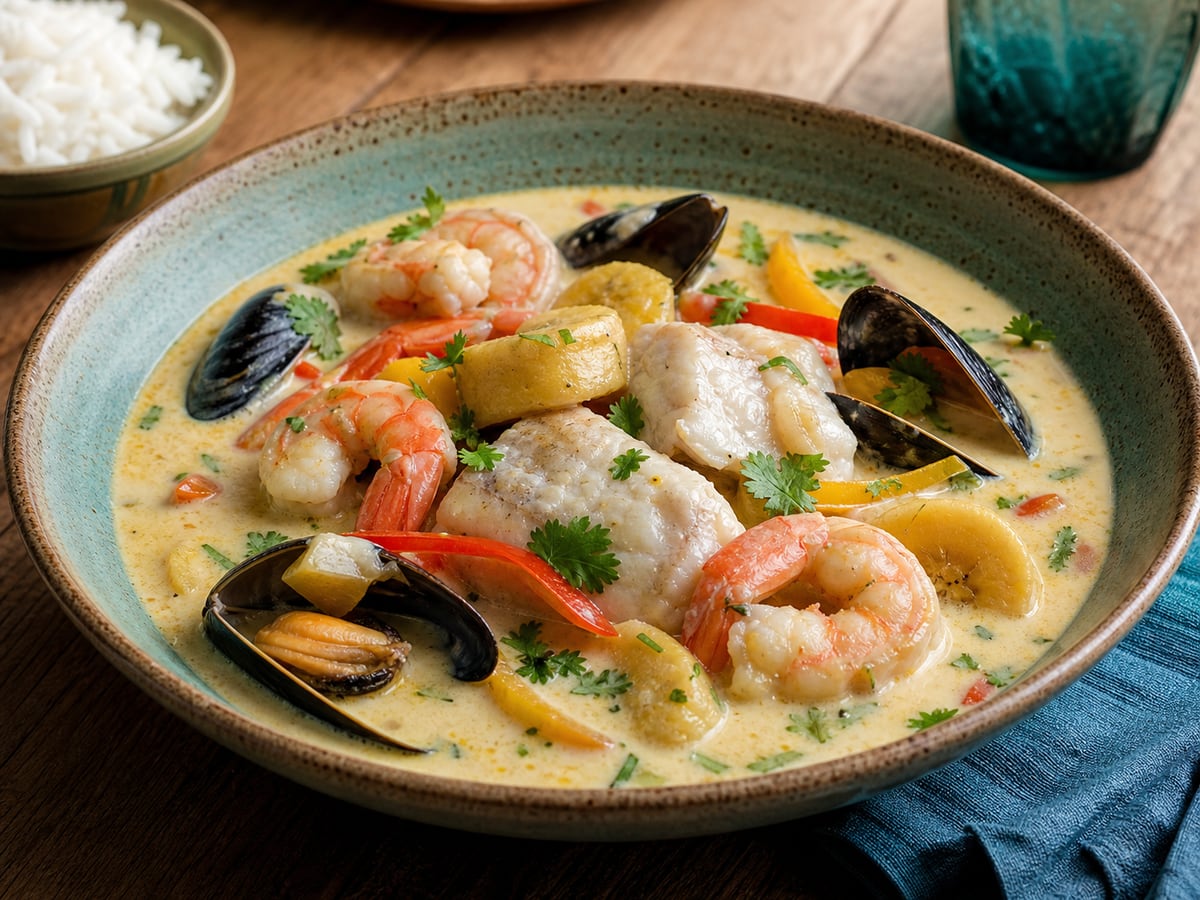 Mariscada en leche de coco servido con leche de coco y plátano verde