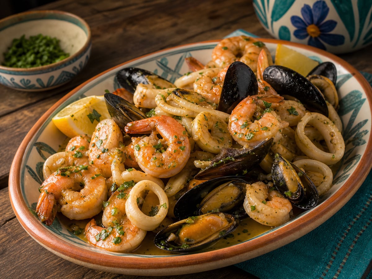 Mariscada en salsa de ajo servido con ajo y mantequilla
