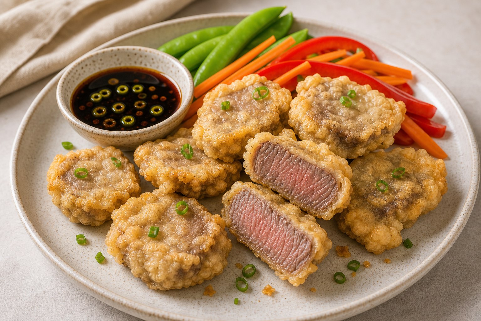 Medallones de lomito empanizados en tempura