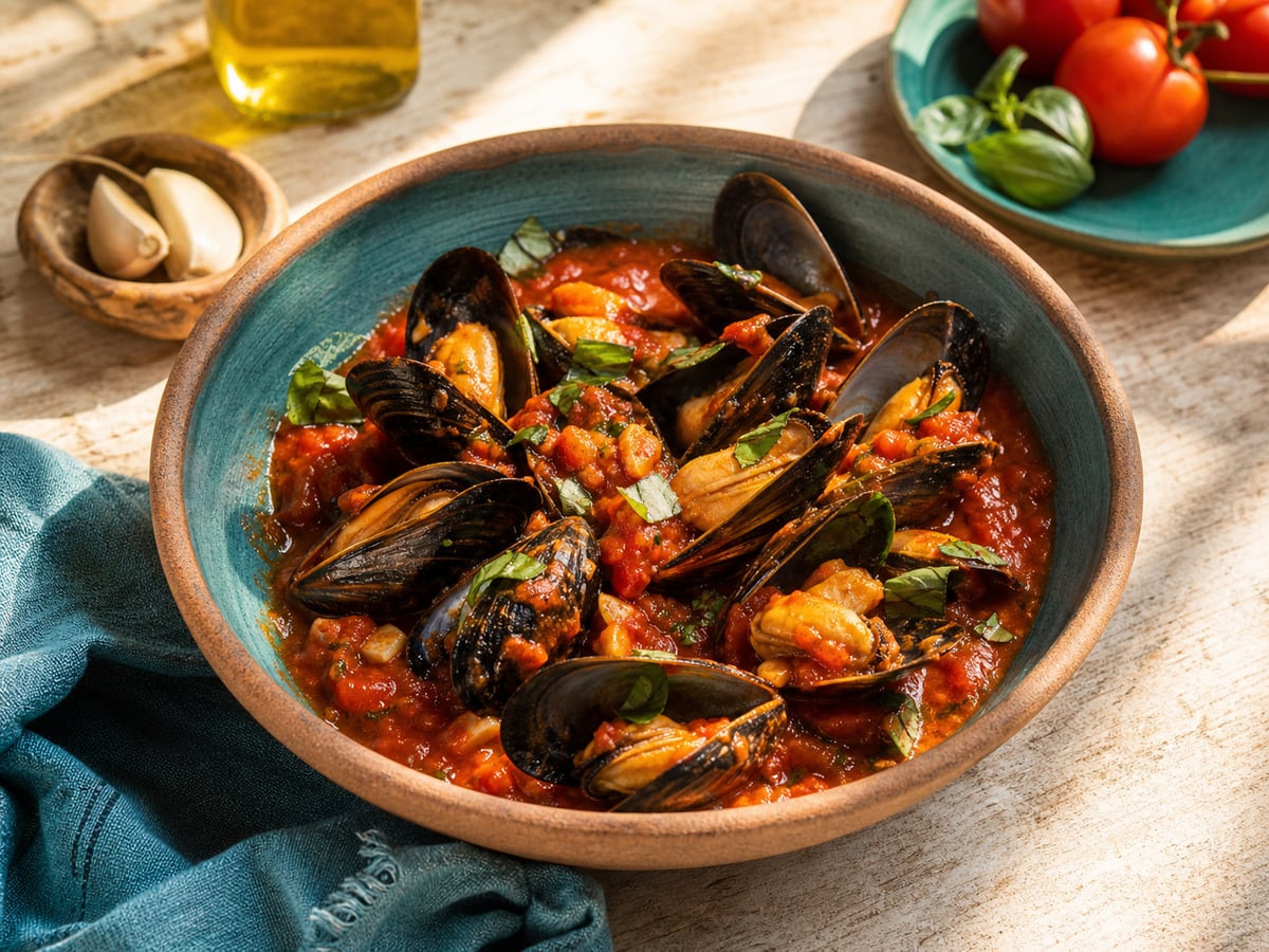 Mejillones en salsa de tomate servido con tomate y ajo