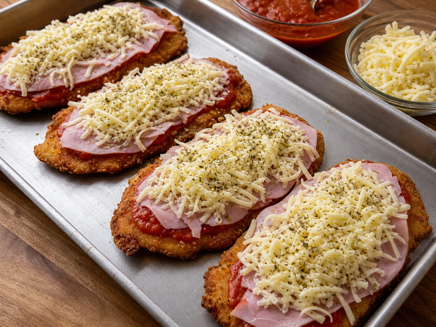 Milanesas con salsa jamon y queso antes de hornear