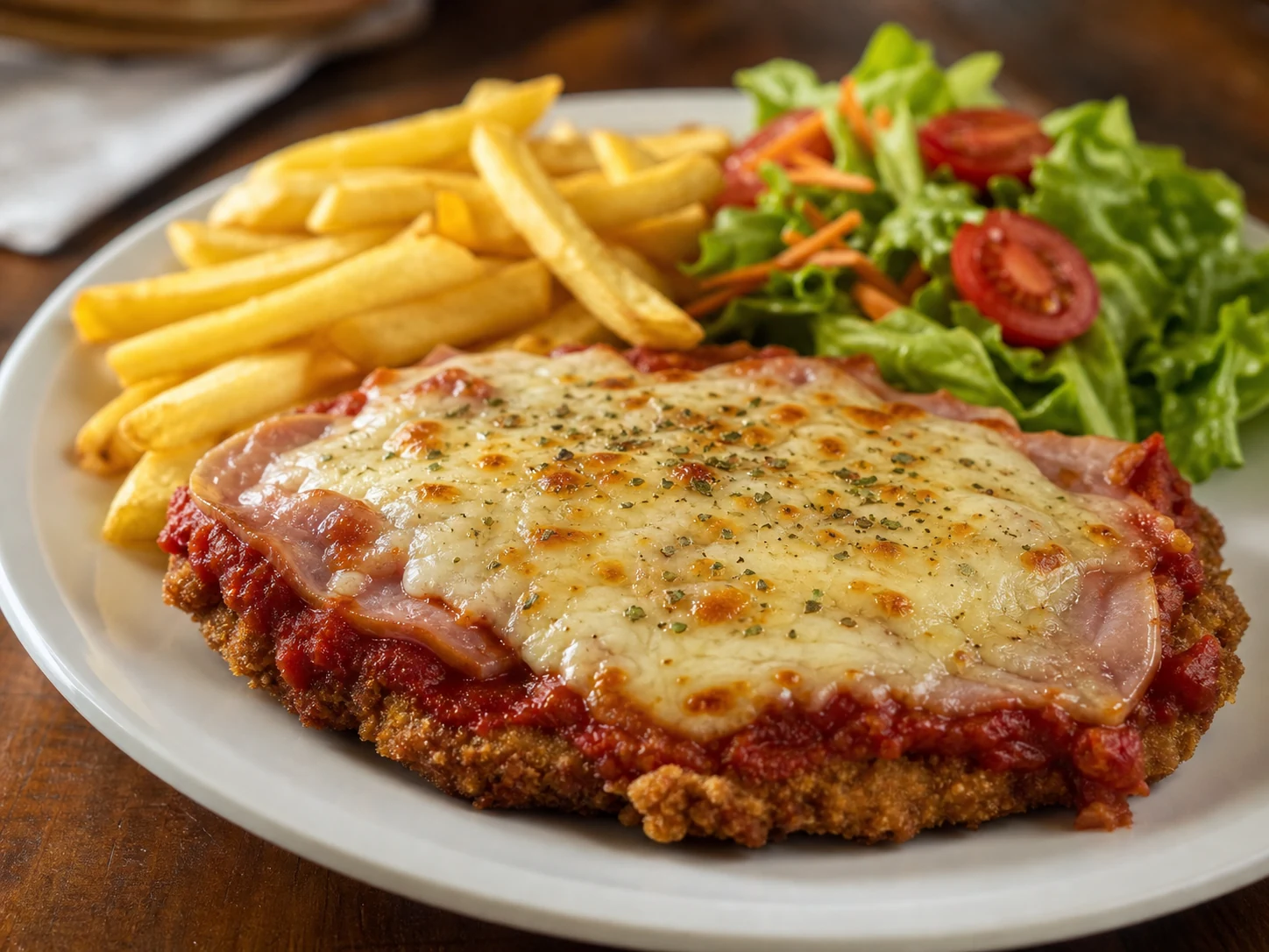 Milanesa a la napolitana con queso mozzarella gratinado, salsa de tomate, jamon, papas fritas y ensalada