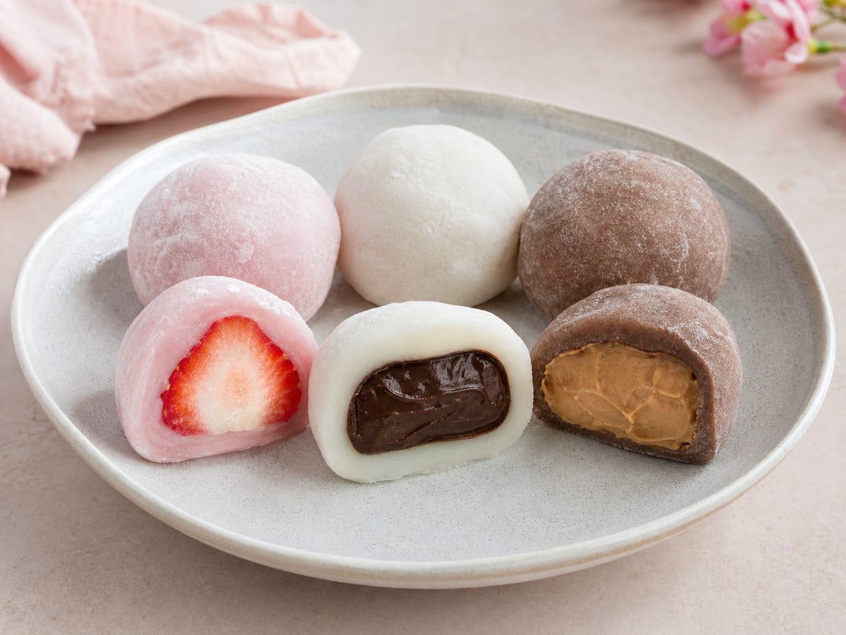 Mochi de colores suaves relleno de fresa, chocolate y crema de maní