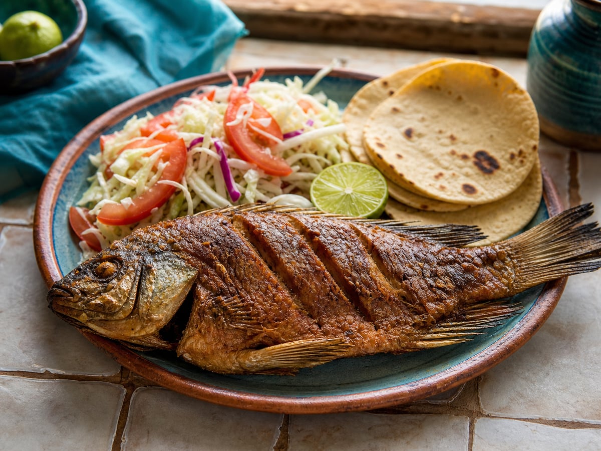 Mojarra frita con ensalada y tortillas servido con ensalada de repollo y tortillas de maíz