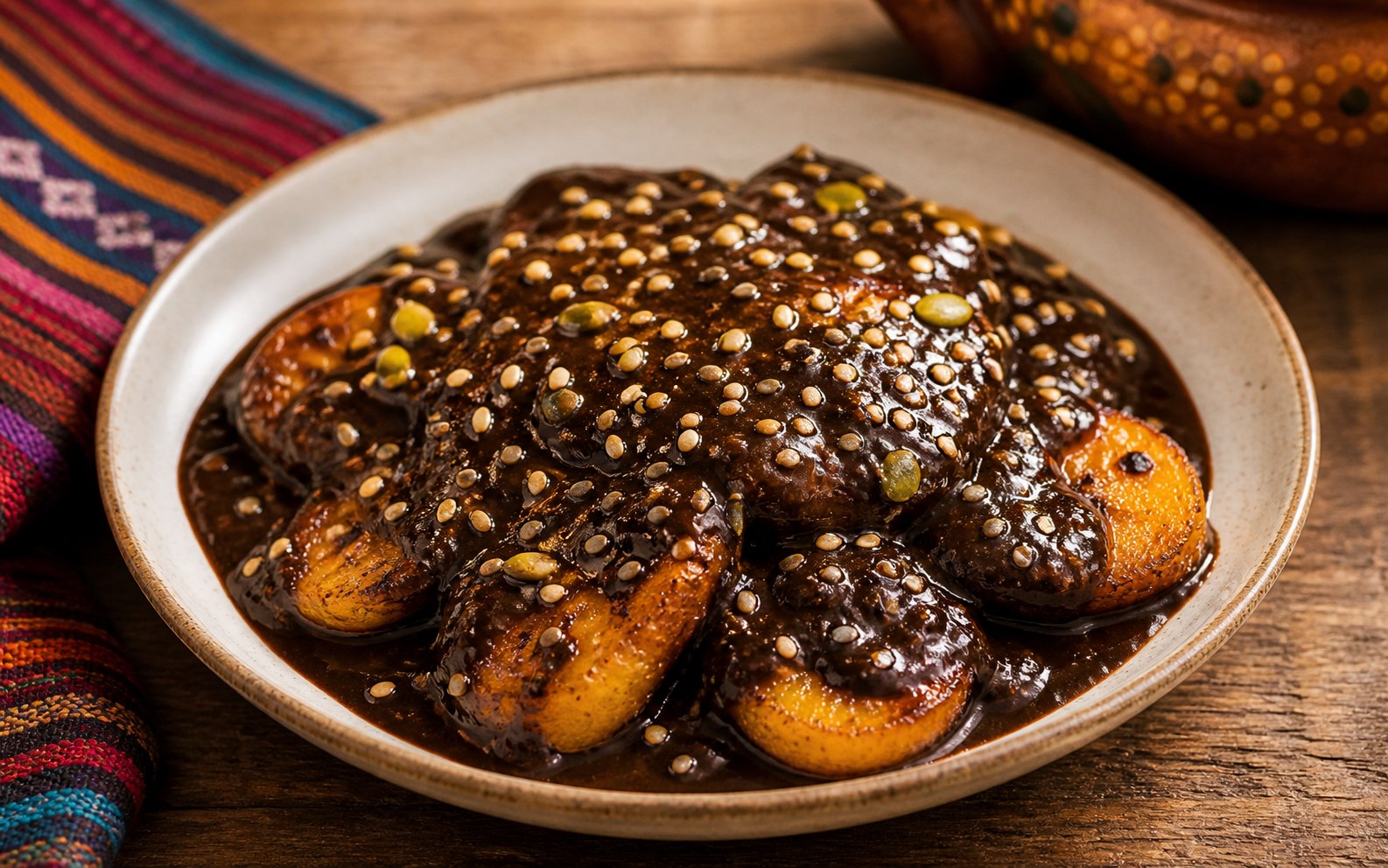 Plátanos fritos bañados en mole oscuro con ajonjolí