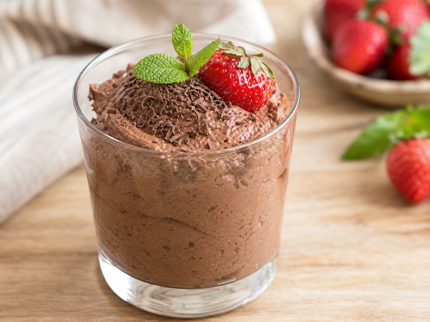 Copa de vidrio con mousse de chocolate aireado, chocolate rallado, fresa fresca y hoja de hierbabuena