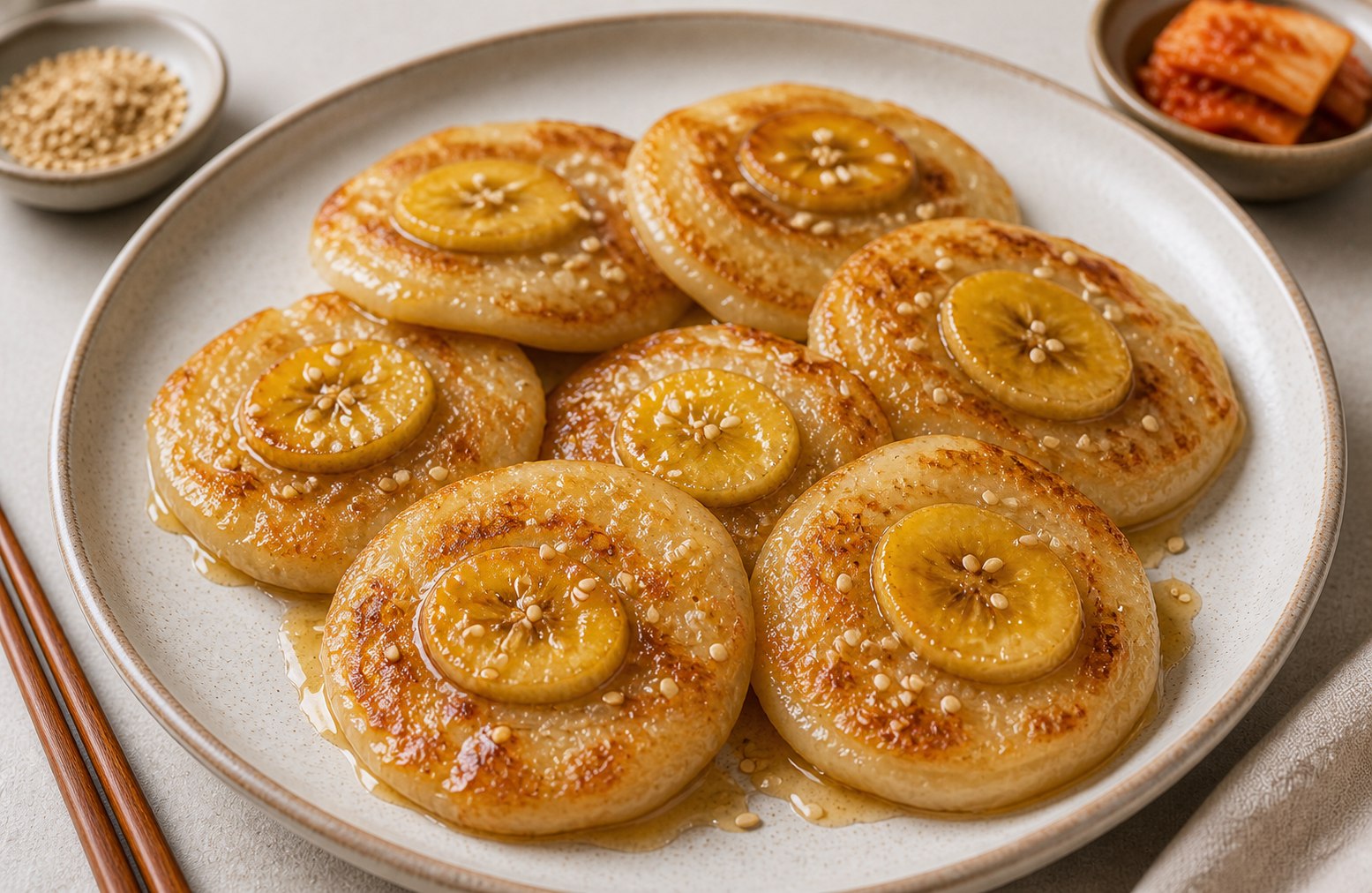 Panqueques dorados con plátano y ajonjolí