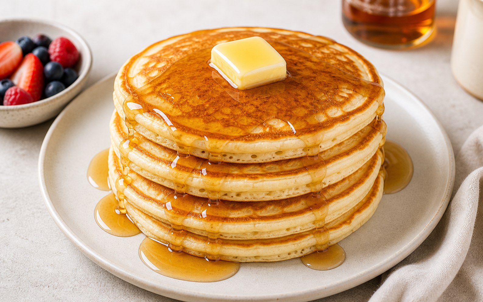 Torre de panqueques americanos con mantequilla y miel