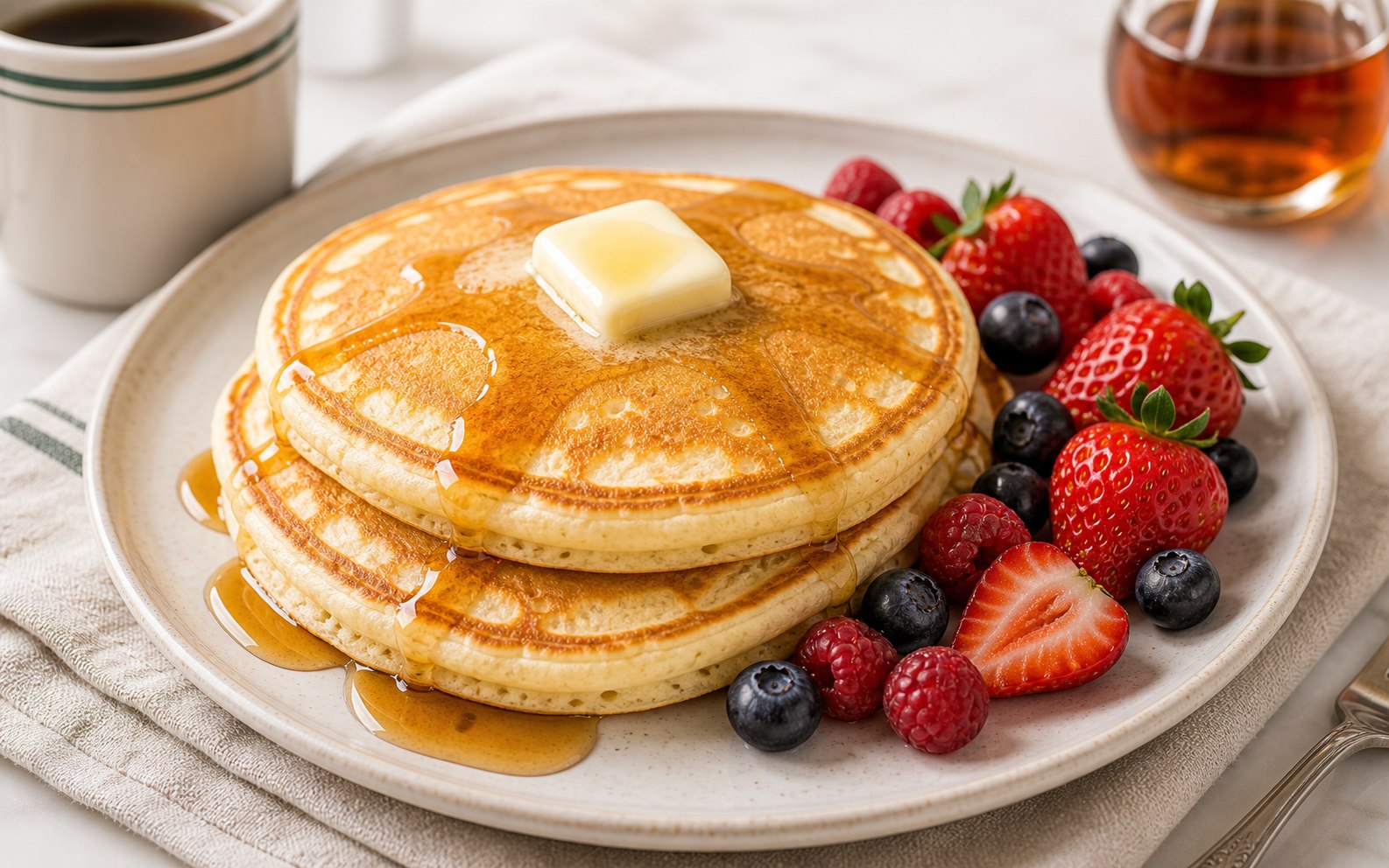Panqueques con frutas y mantequilla derretida