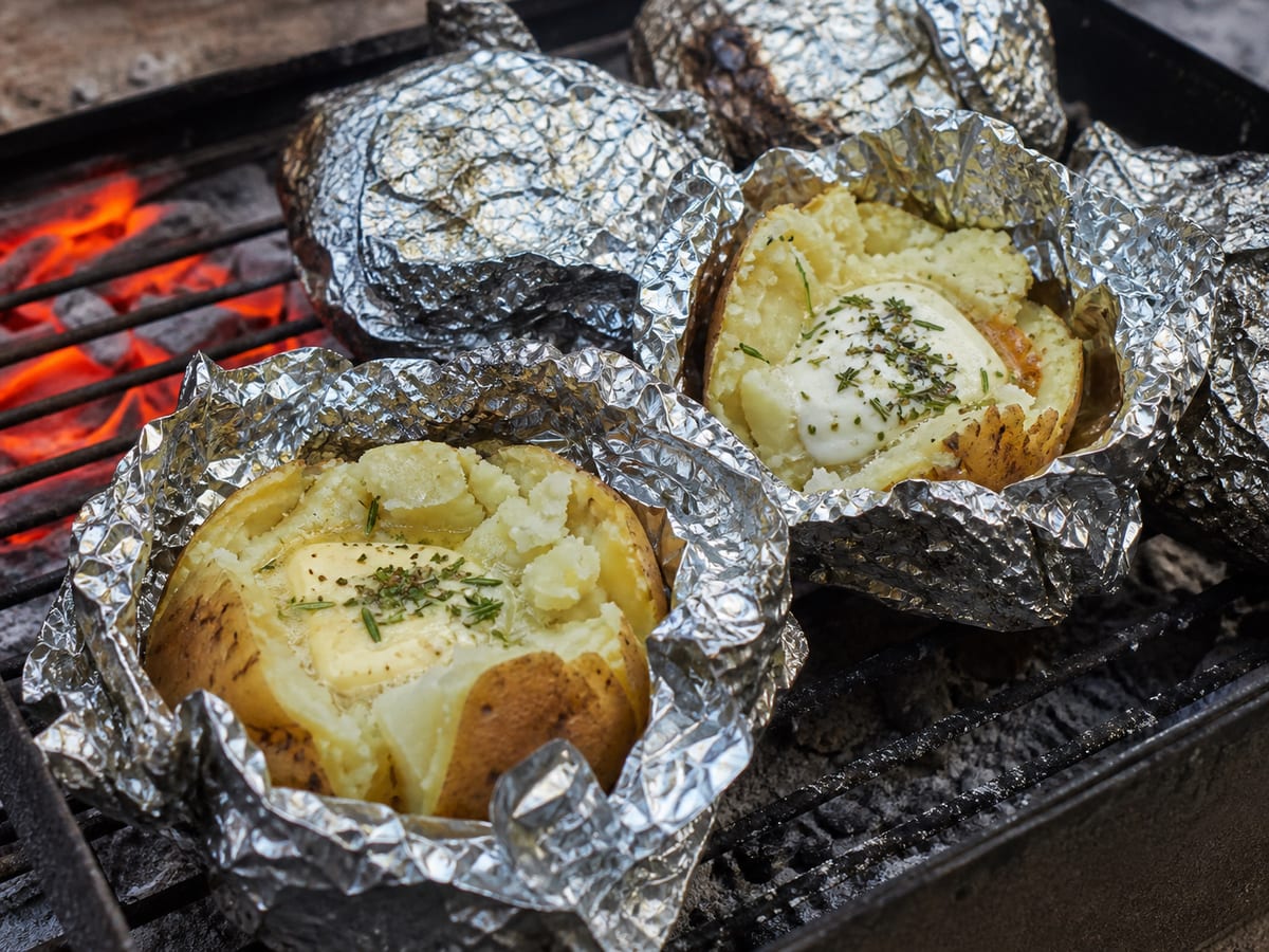 Papas asadas abiertas con mantequilla, romero y ajo junto a brasas rojas