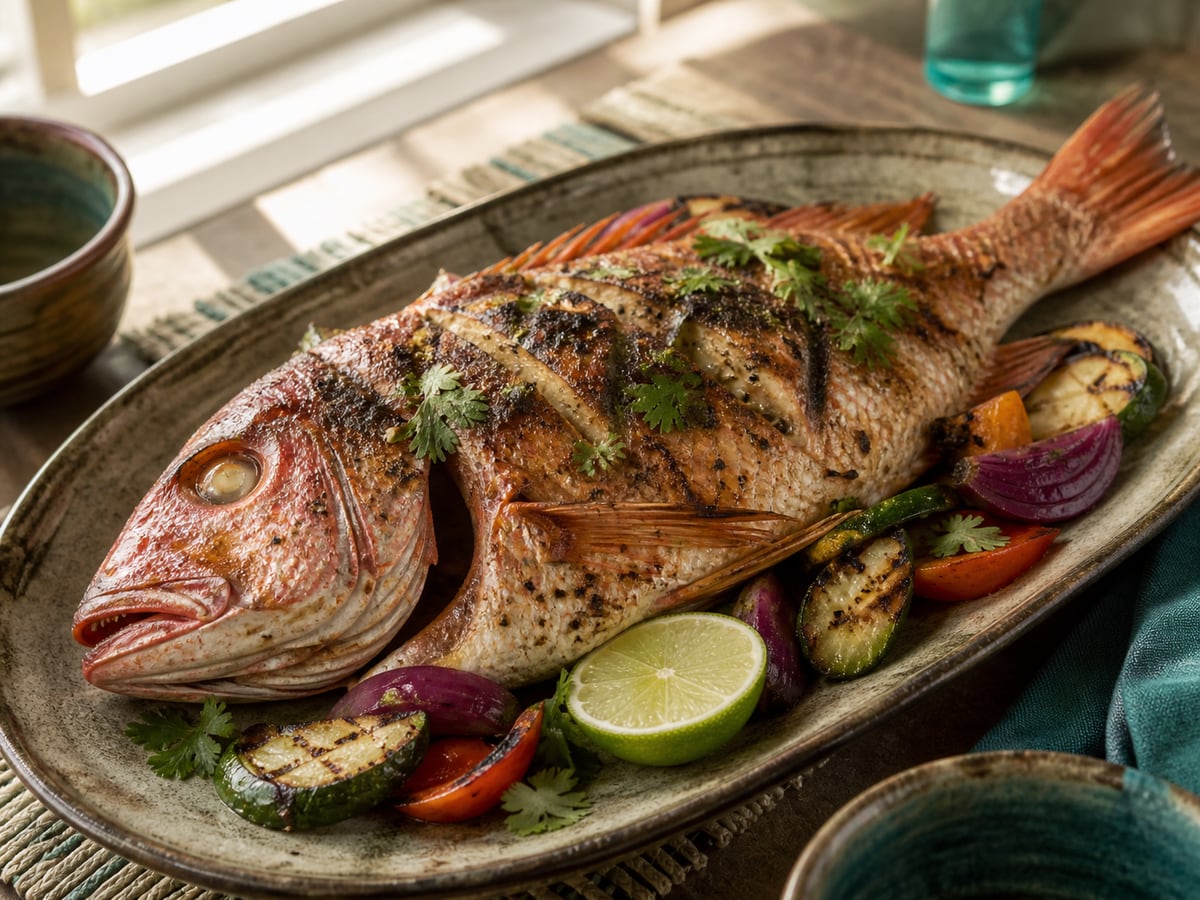 Pargo a la parrilla servido con limón y cilantro