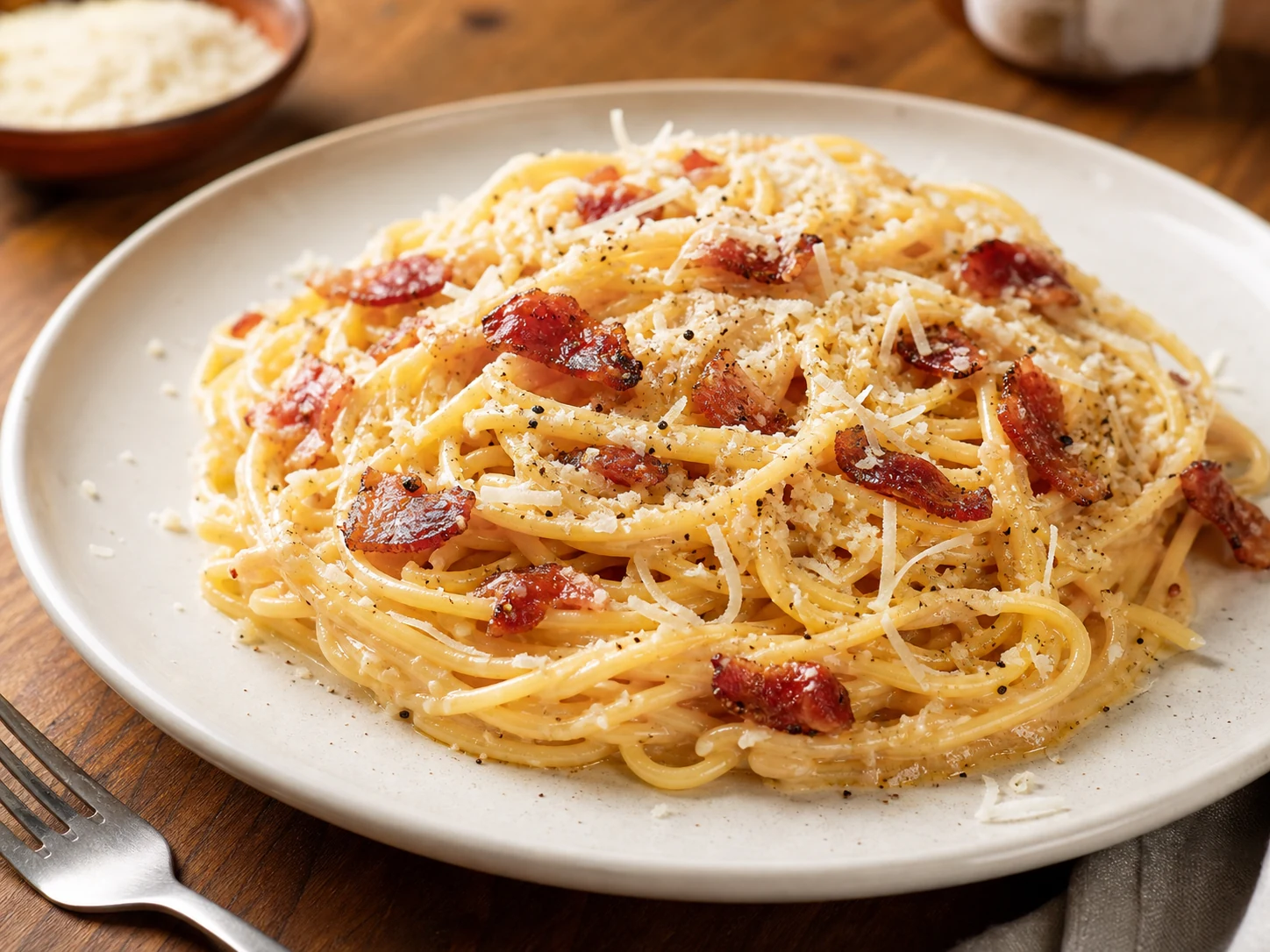 Plato de espagueti carbonara con tocino crujiente, queso parmesano rallado y pimienta negra