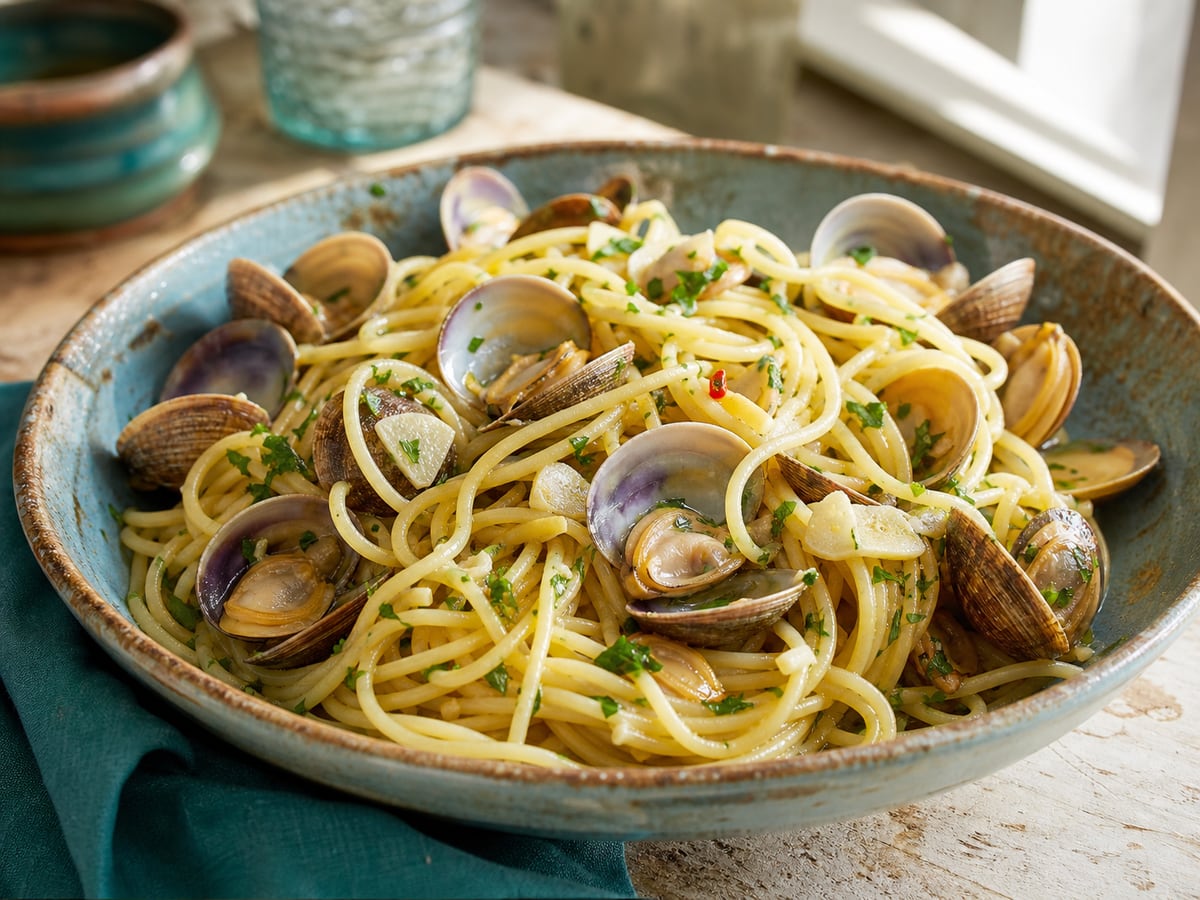 Pasta con almejas servido con pasta larga y ajo