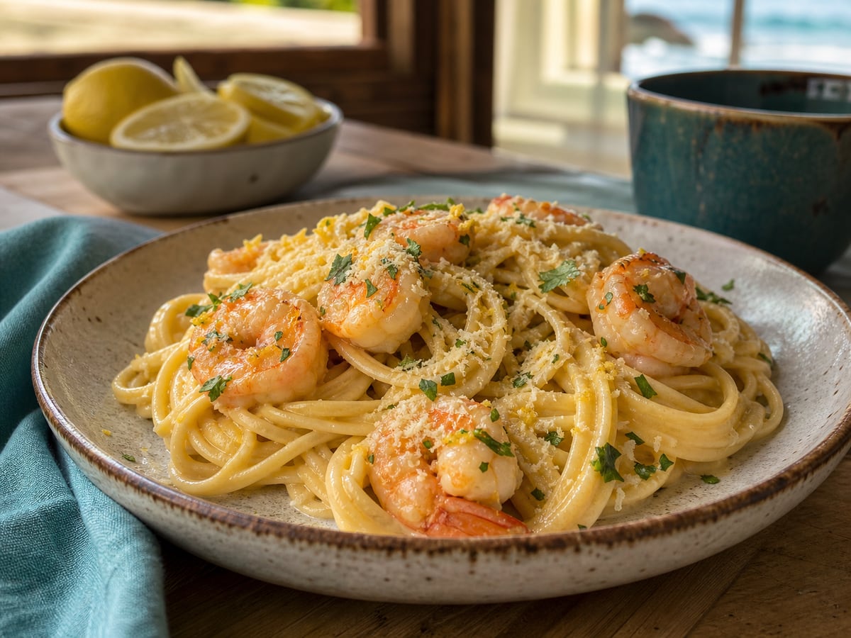 Pasta cremosa con camarones servido con pasta larga y crema