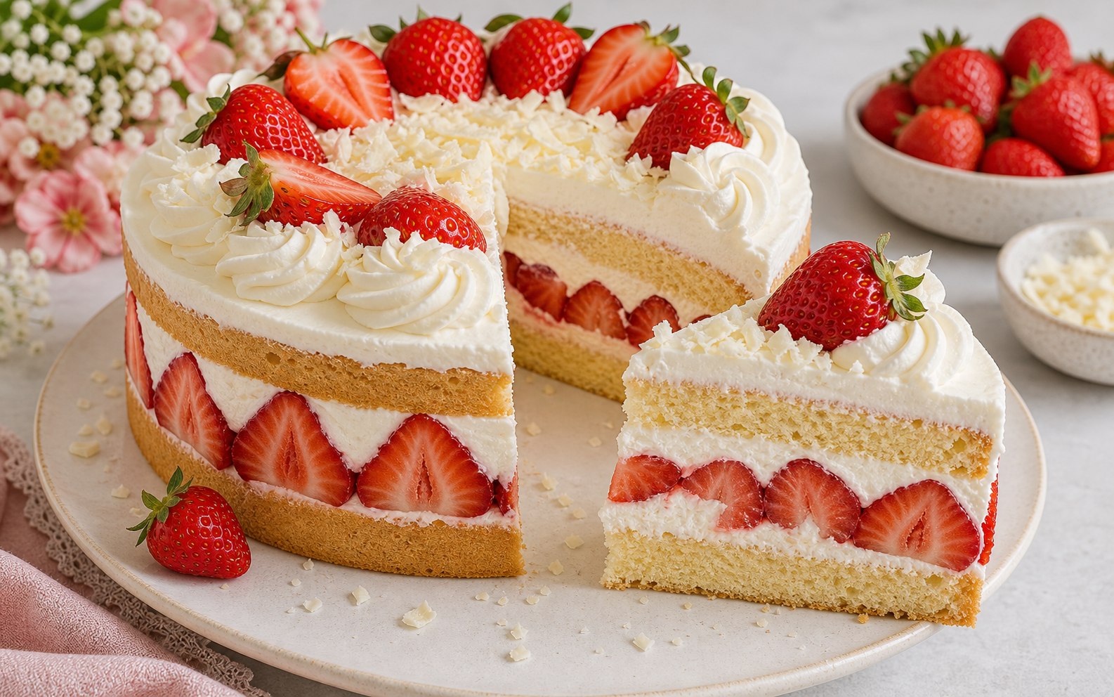 Pastel decorado con crema batida y fresas frescas