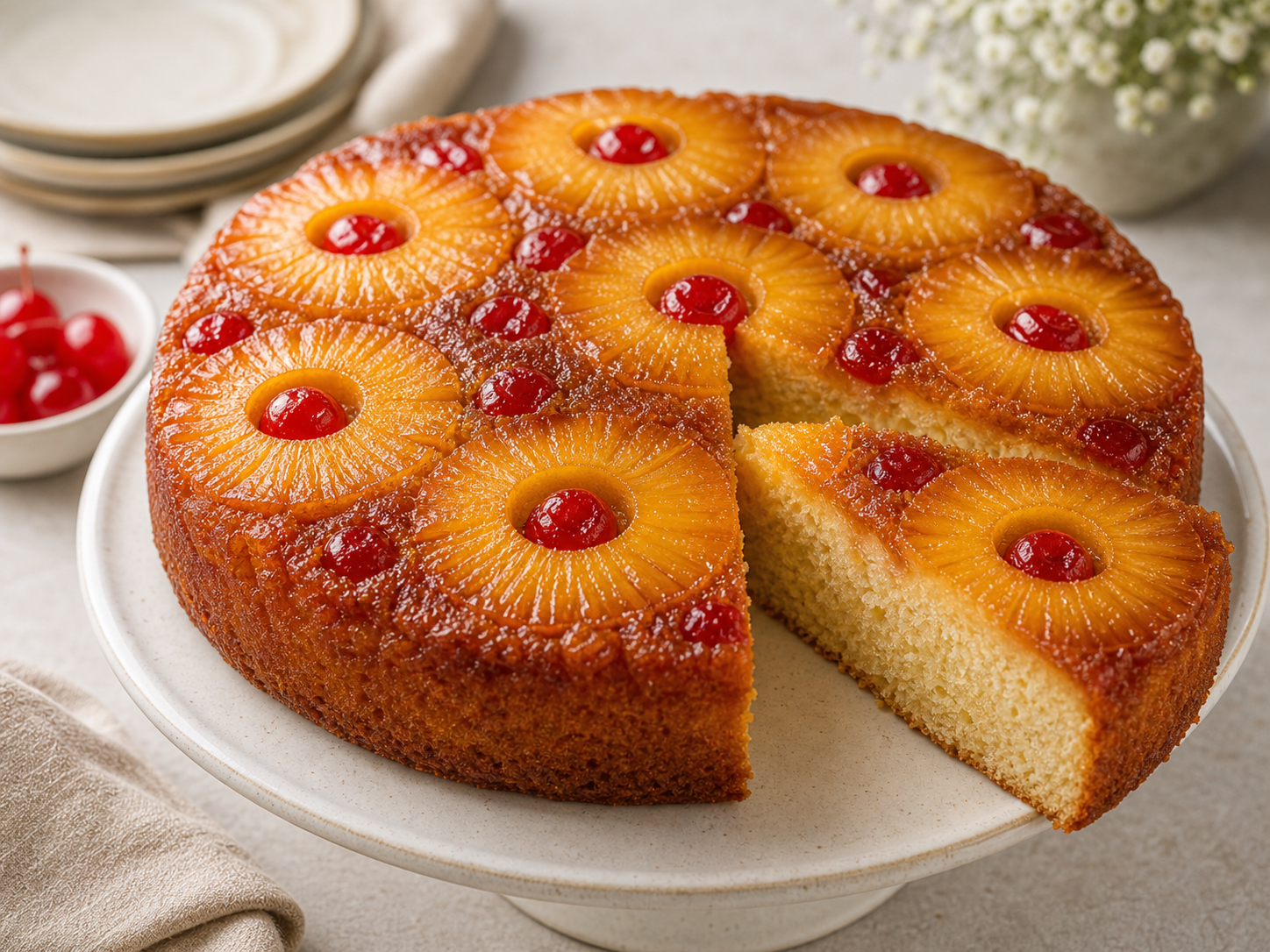 Pastel con rodajas de piña caramelizadas con guindas en el centro