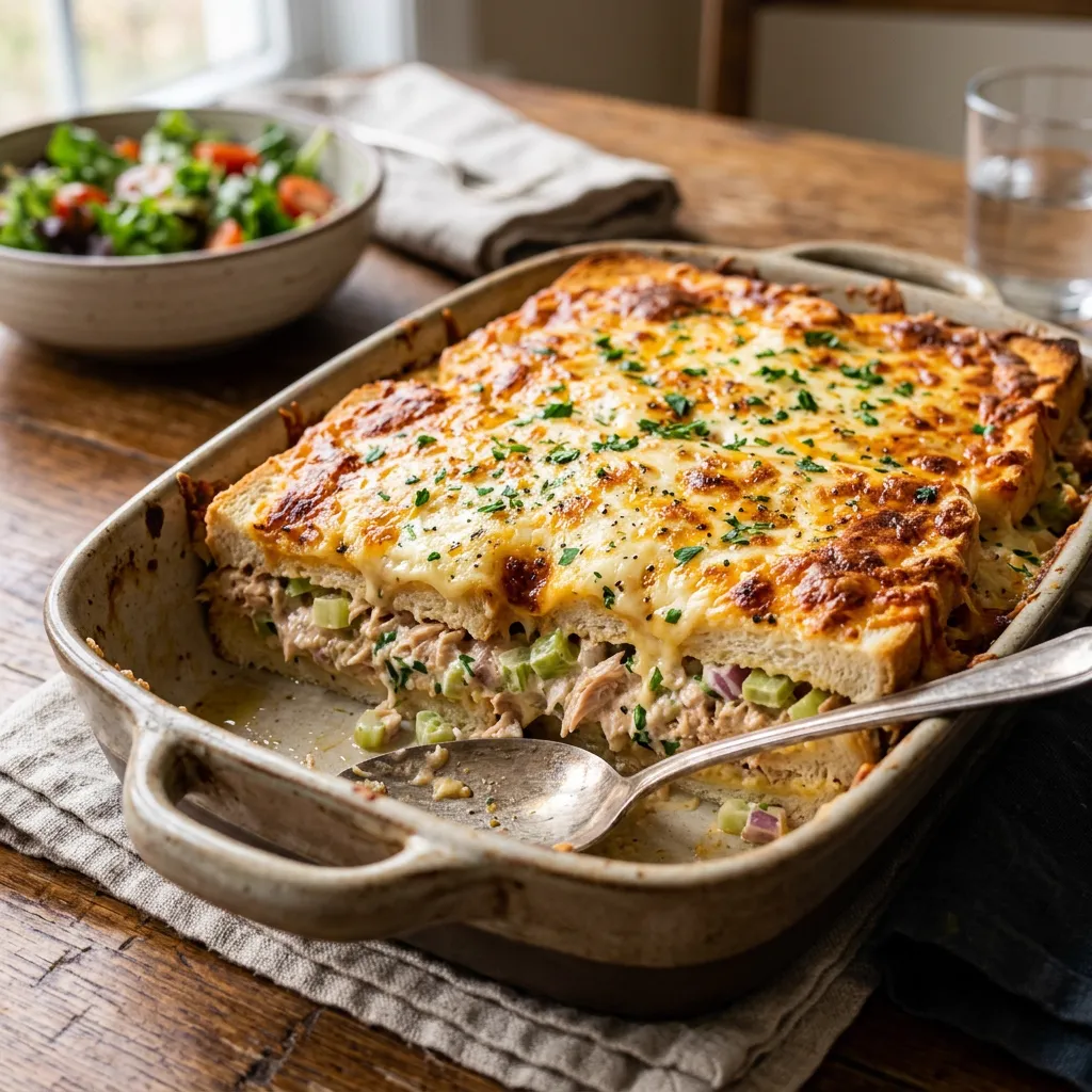 Pastel salado horneado de atún con costra de queso dorado encima