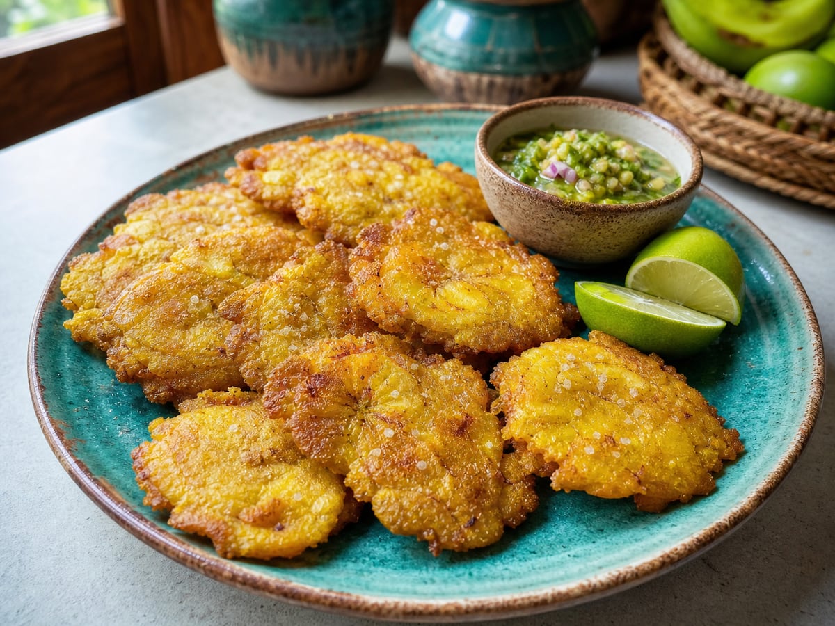 Patacones o tostones servido con aceite y sal