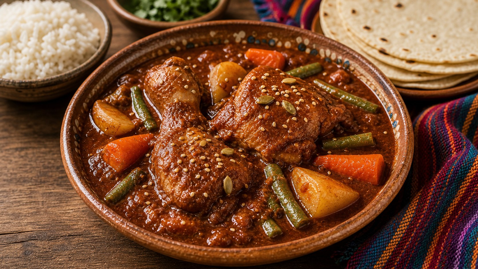 Pepián colorado con pollo y arroz