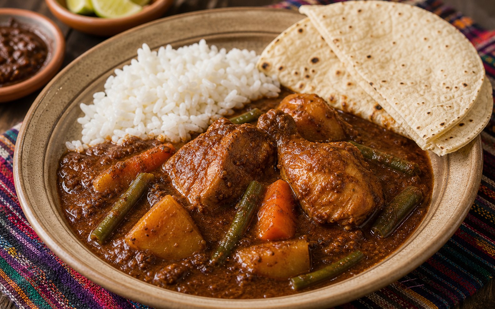 Pepián rojo oscuro con pollo y verduras