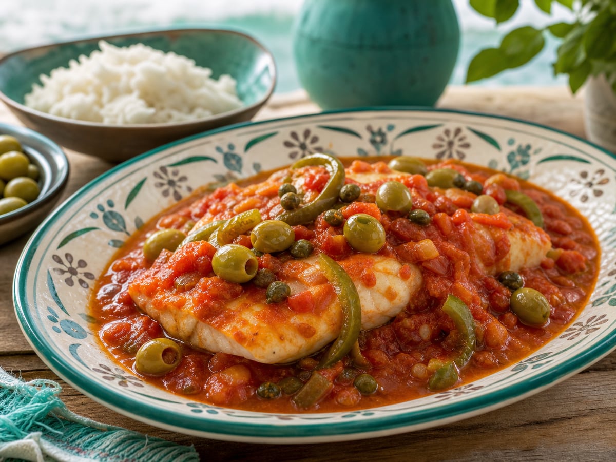 Pescado a la veracruzana servido con tomate y aceitunas