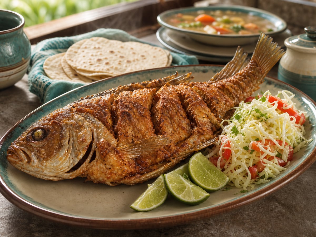 Pescado entero frito servido con harina y limón