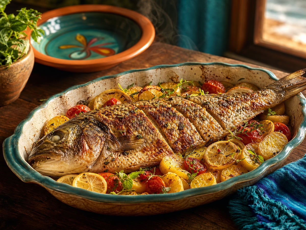 Pescado entero al horno servido con papas y tomate