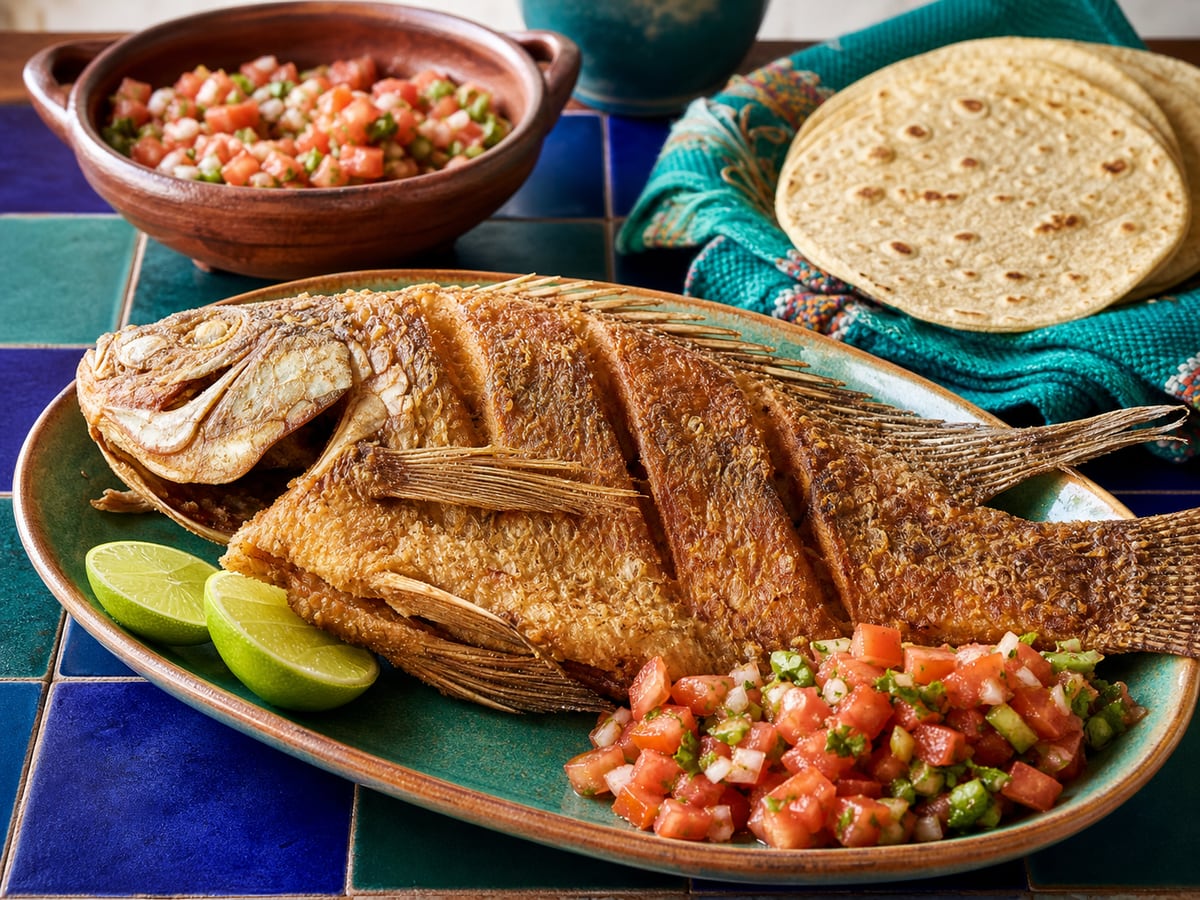 Pescado frito con chirmol servido con tomate asado y cebolla