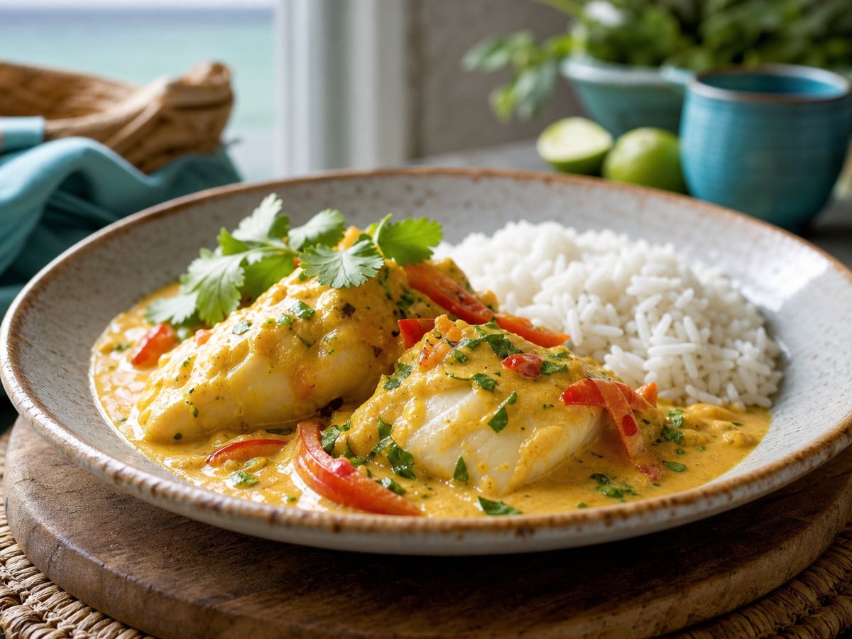 Pescado en salsa de coco servido con leche de coco y pimiento