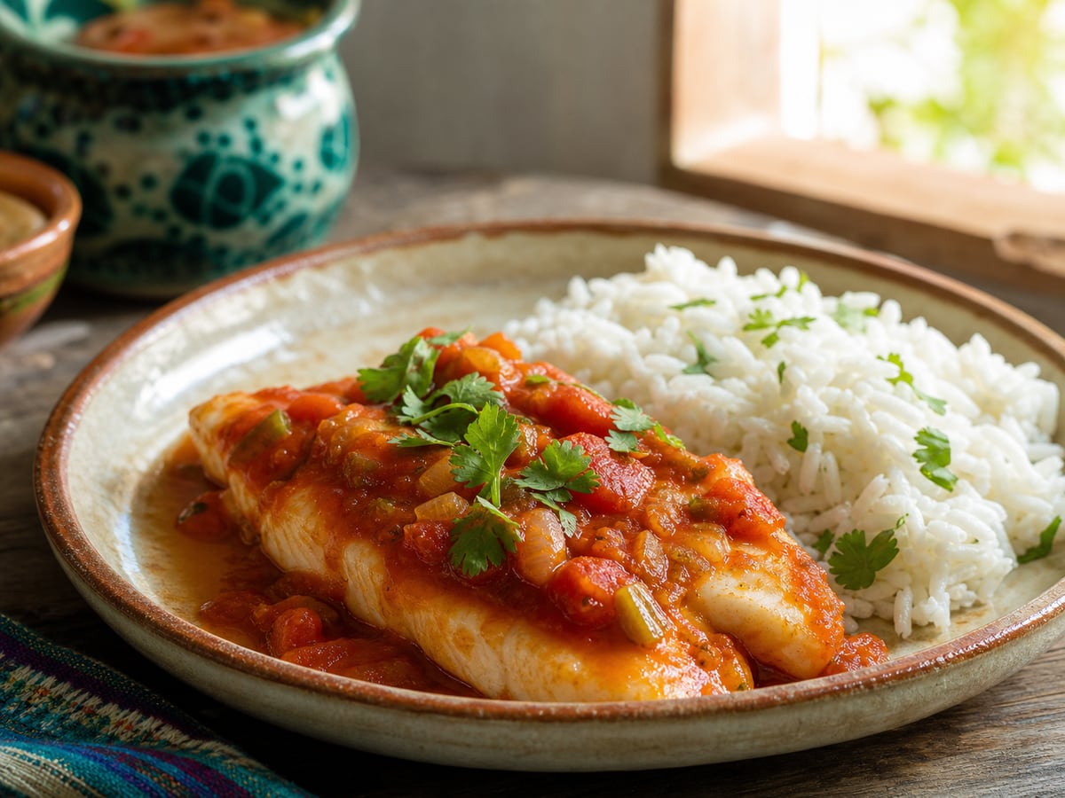 Pescado en salsa de tomate con arroz servido con tomate y arroz blanco