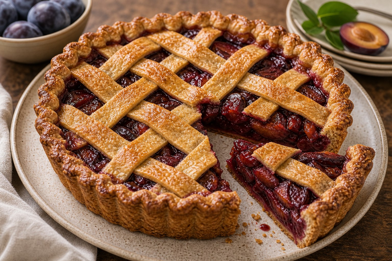 Pie de ciruela con masa entrelazada encima