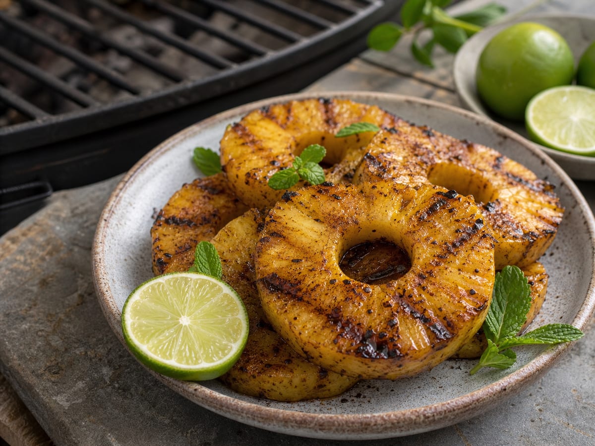 Rodajas de piña asada con marcas de parrilla, canela y hojas de menta