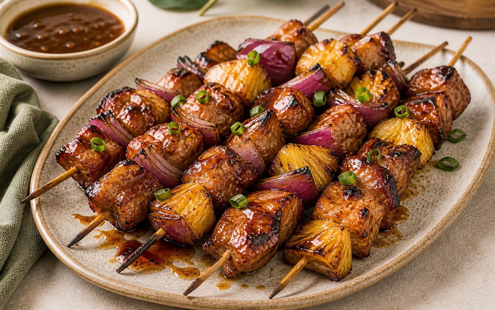 Pinchos de cerdo con piña y cebolla morada