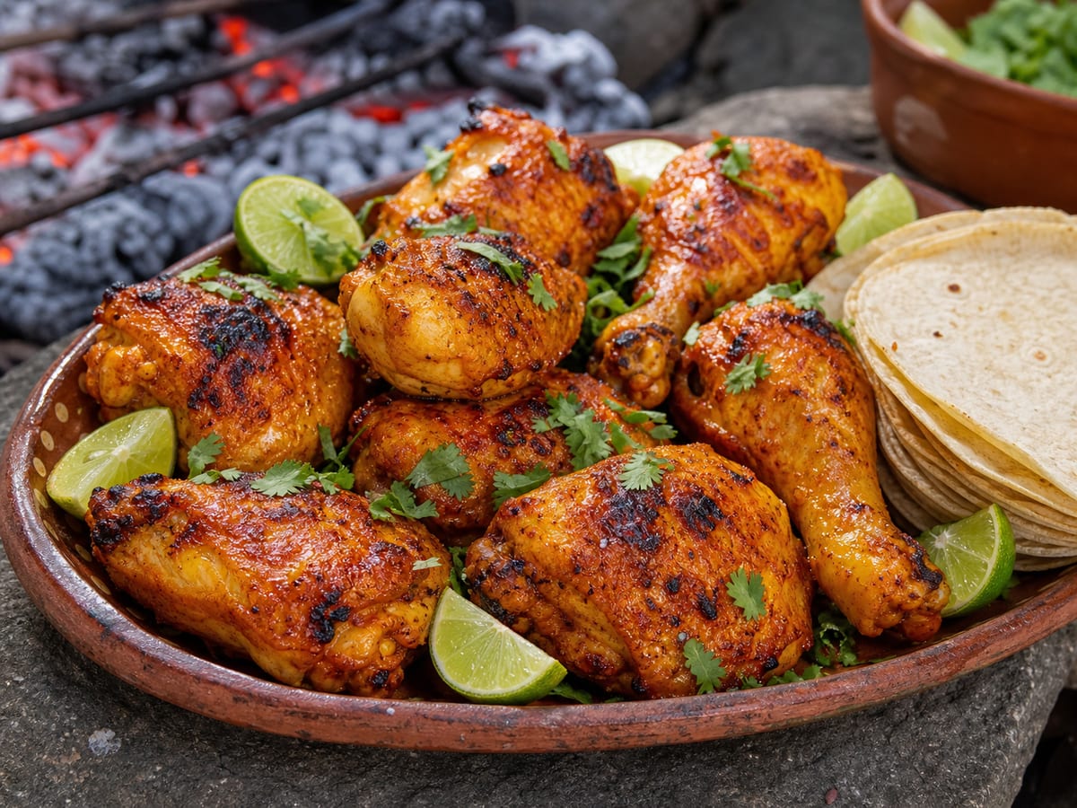 Piezas de pollo marinadas y doradas al carbón con limón y hierbas frescas