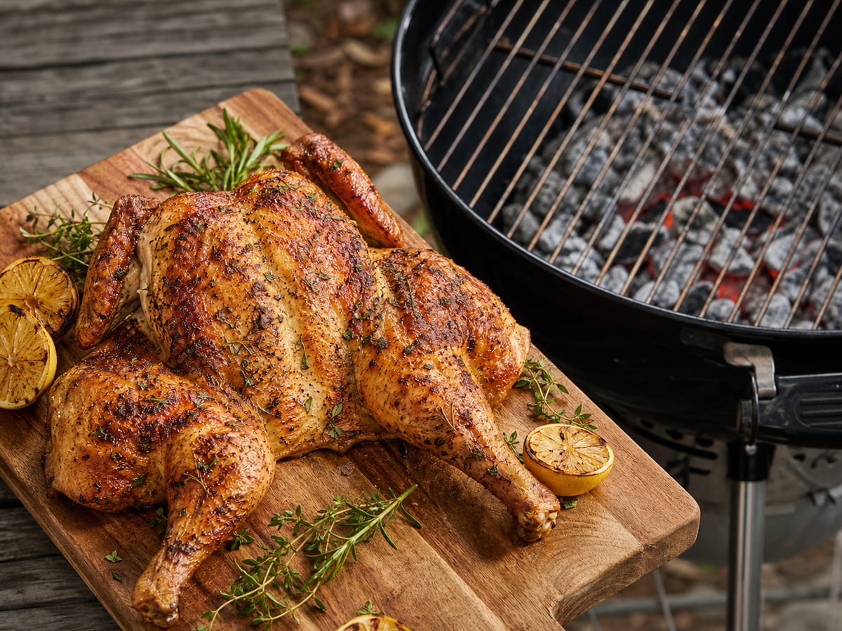 Pollo entero abierto estilo mariposa con piel dorada sobre una parrilla de carbón