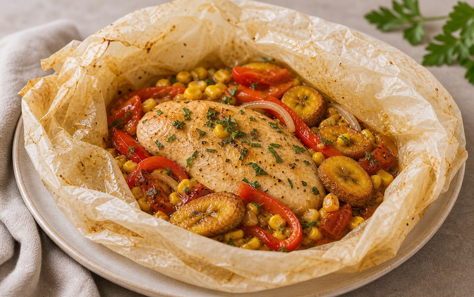 Filete de pollo cocido en papel parafinado con vegetales