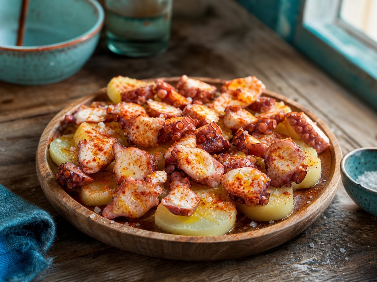 Pulpo a la gallega servido con papas y pimentón