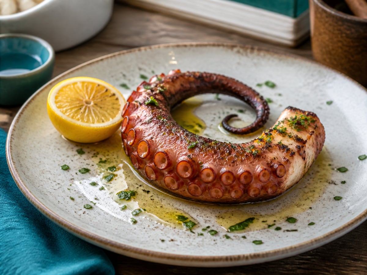 Pulpo a la parrilla servido con limón y aceite de oliva