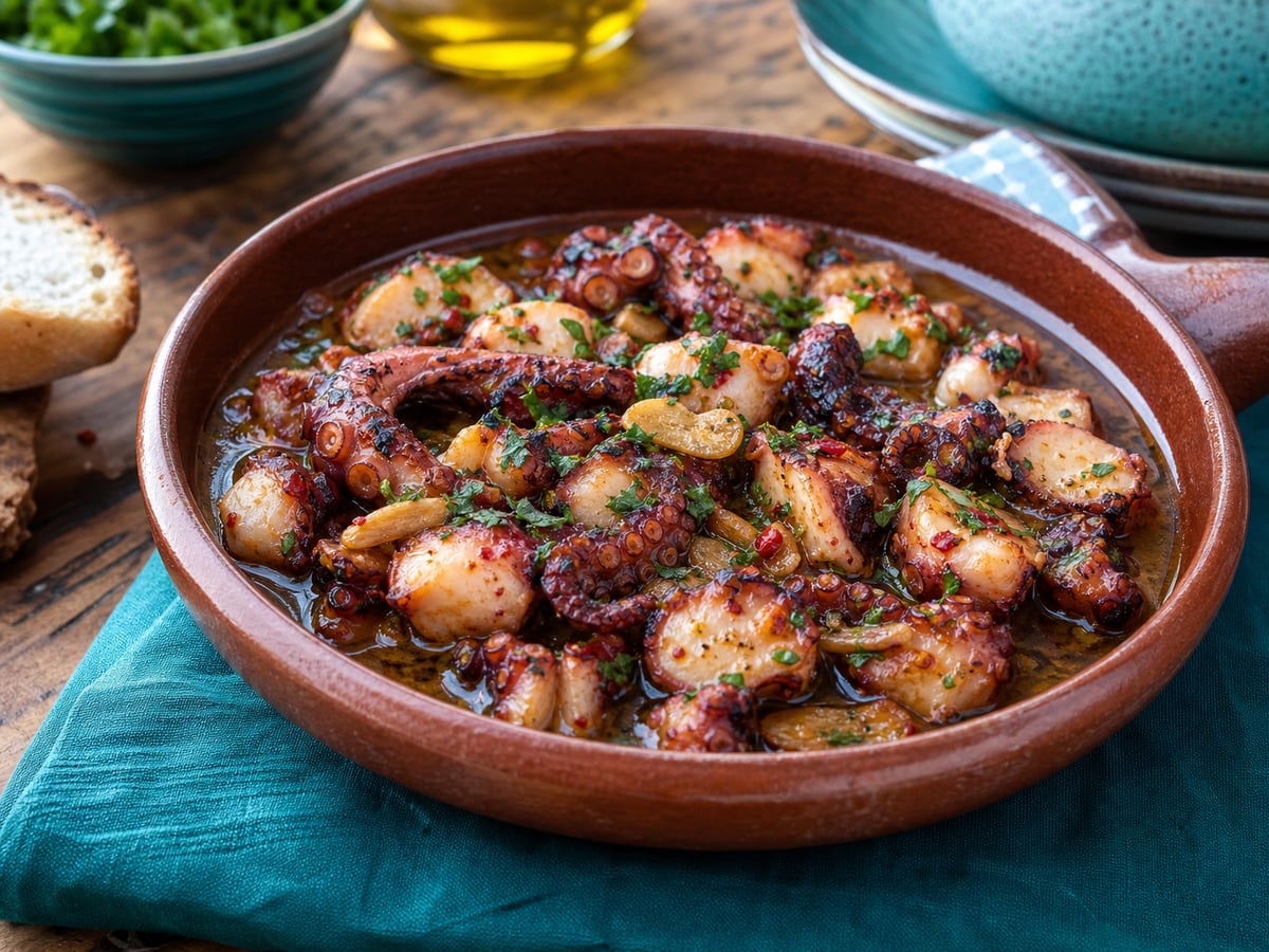 Pulpo al ajillo servido con ajo y aceite de oliva