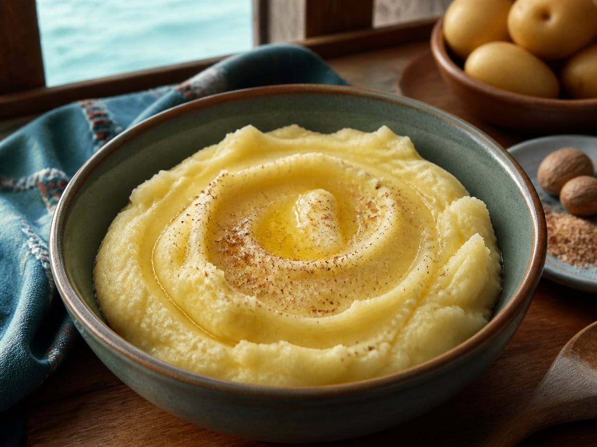 Puré de papa cremoso servido con mantequilla y leche